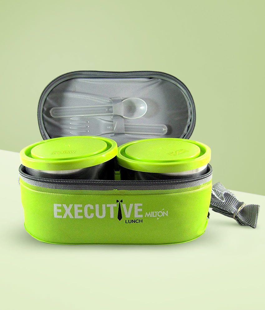     			MILTON Executive Lunch Insulated Tiffin 2 Round Containers 280 ml Each 1 Oval box 450 ml Green