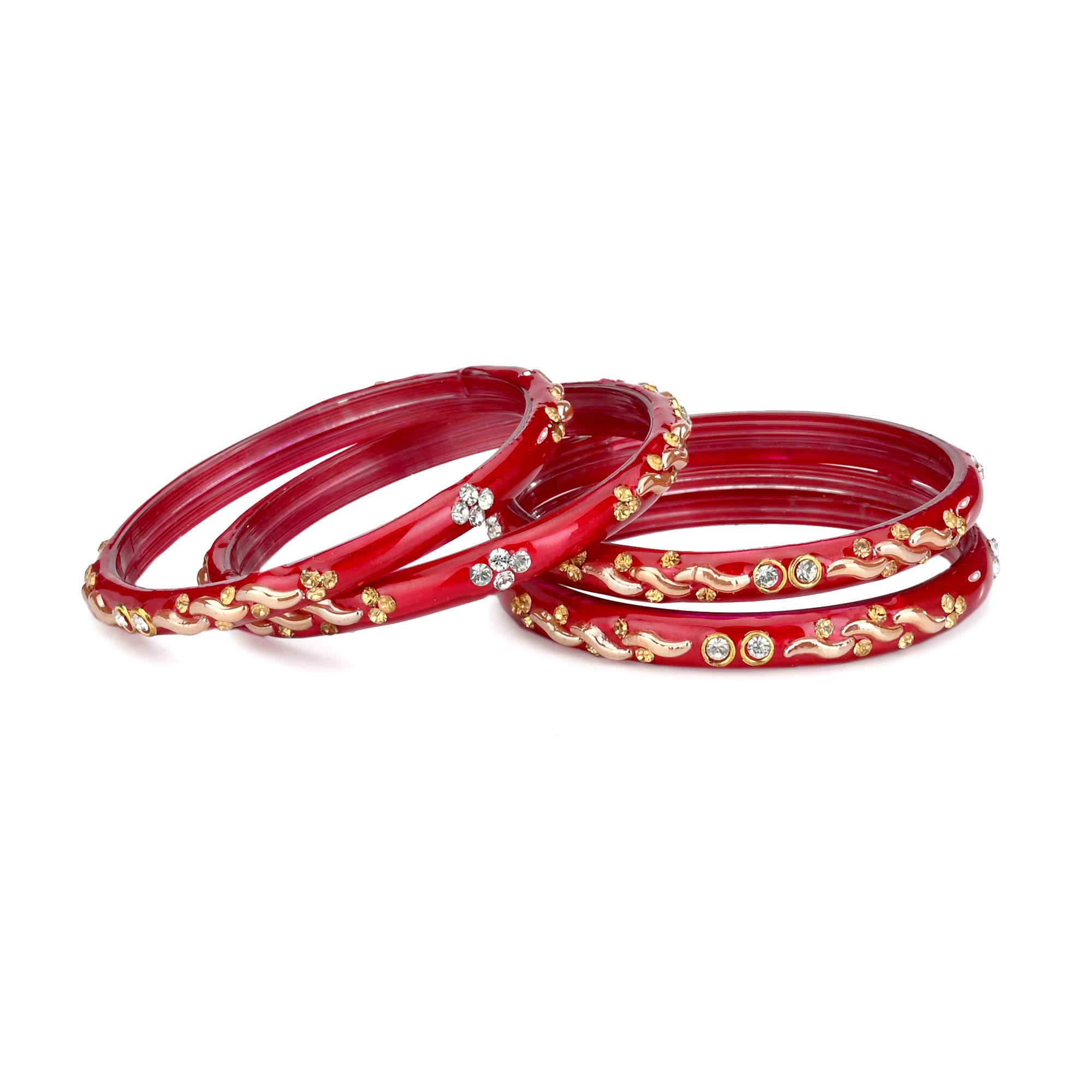     			Designer Set Of 4 Bangle/ Kada For Party And Daily Use, Glass, OrnamentedRed, Gold, U02, (With Safety Cum Carry Box)