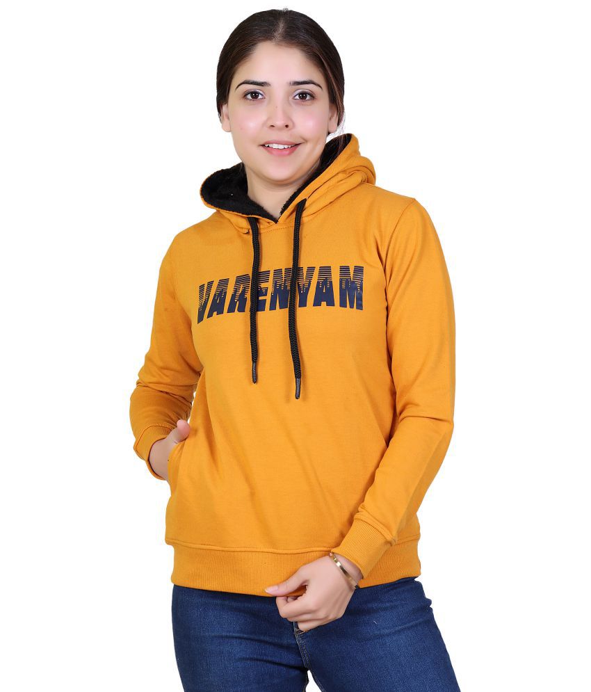     			Varenyam Cotton - Fleece Yellow Hooded Sweatshirt