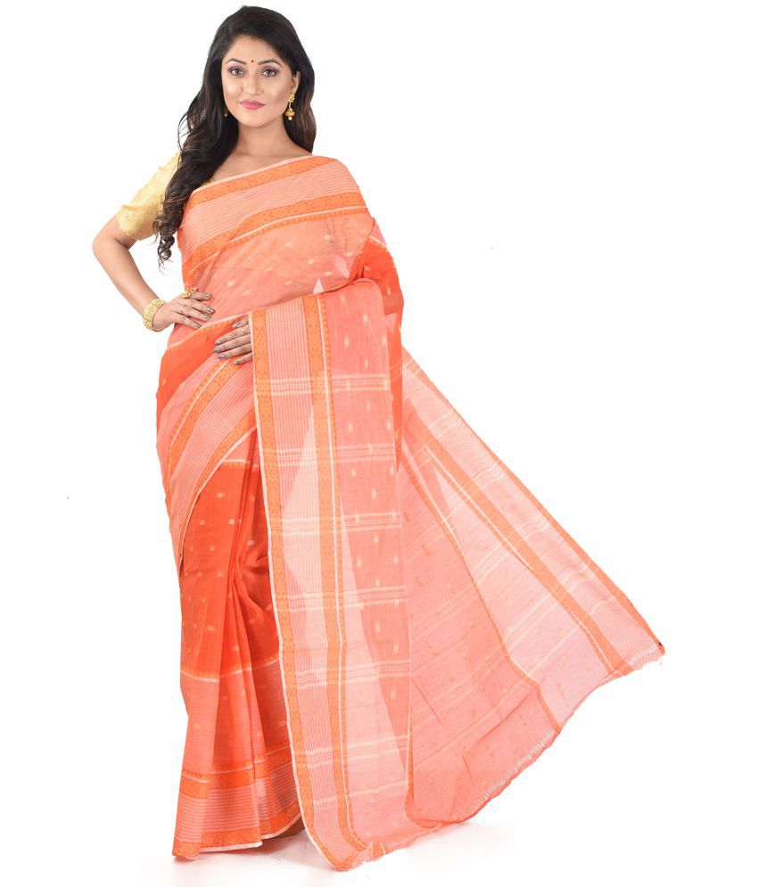     			Roy Enterprises Creation Orange Bengal cotton Saree - Single