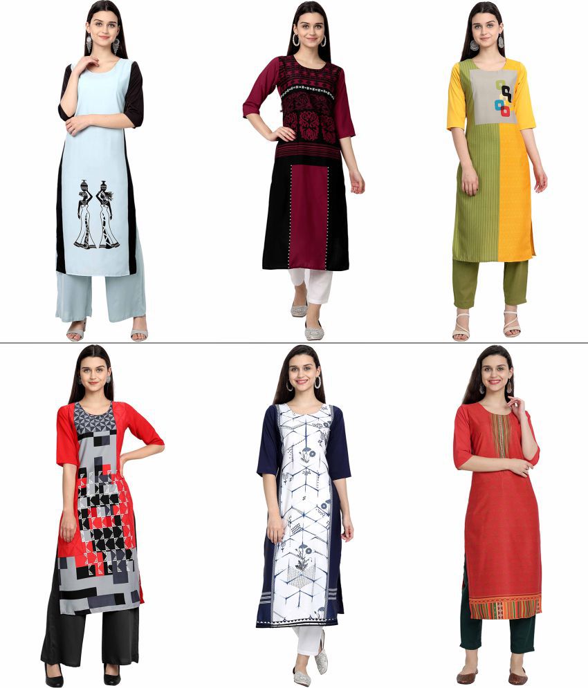     			Ethnicbasket - Multicoloured Crepe Women's Straight Kurti ( Pack of 6 )