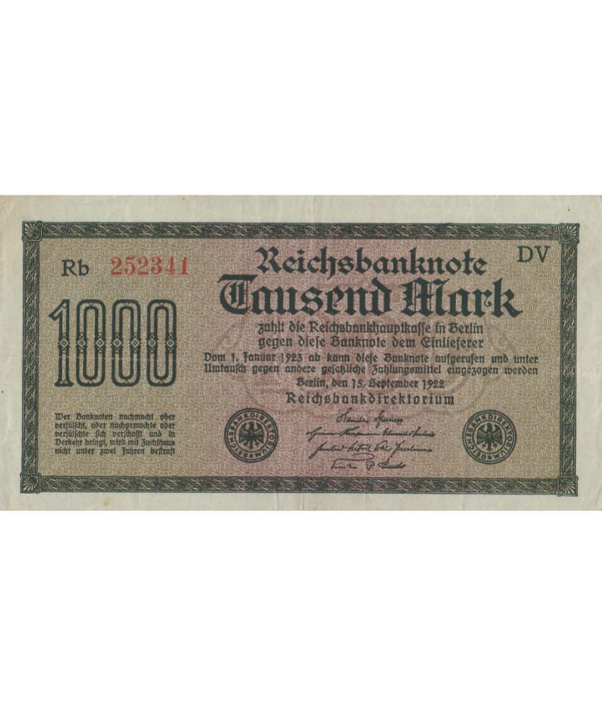     			NUMISMATTECLY  RARE AND COLLECTIBLE-1000-MARK  ,BERLIN -1922 ,BIG SIZE  ,HIGHLY COLLECTIBLE ,IN EXTRA FINE CONDITION , PLEASE CHECK PICTURE CAREFULLY BEFORE ORDER ,PLEASE DONT PLACE FAKE  ORDER.