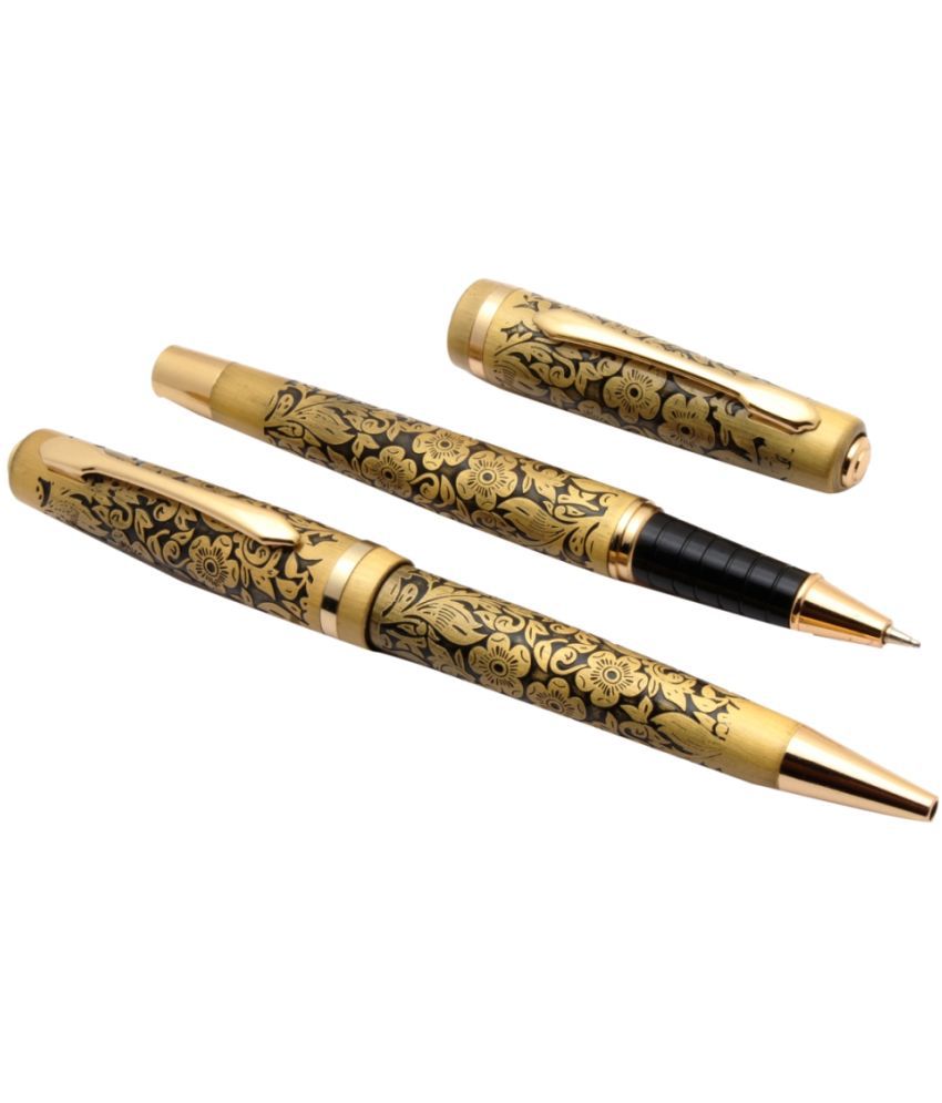     			Srpc Adventure Gold Flower Ballpoint Pen Engraved Design Work Golden Trims - Set Of 2