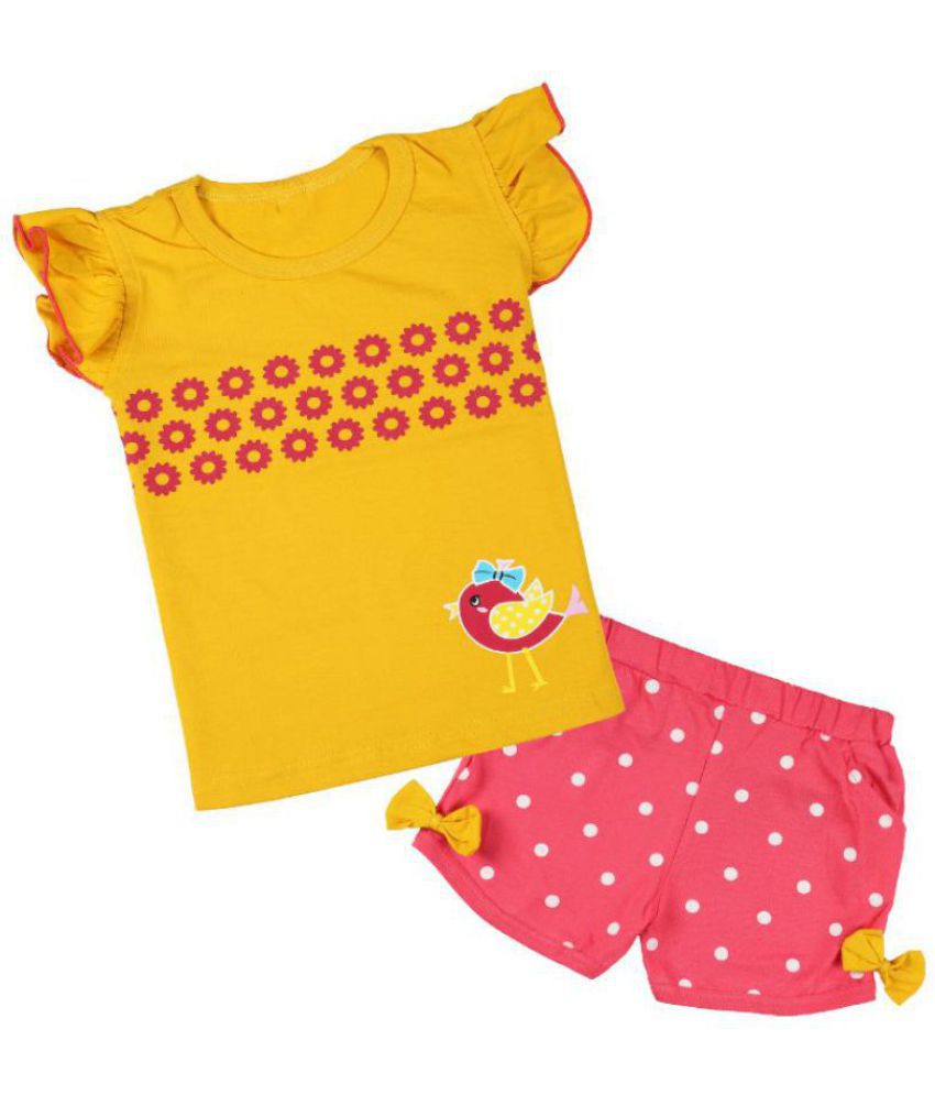     			CATCUB Girl's Cotton Printed Clothing Set(Yellow)