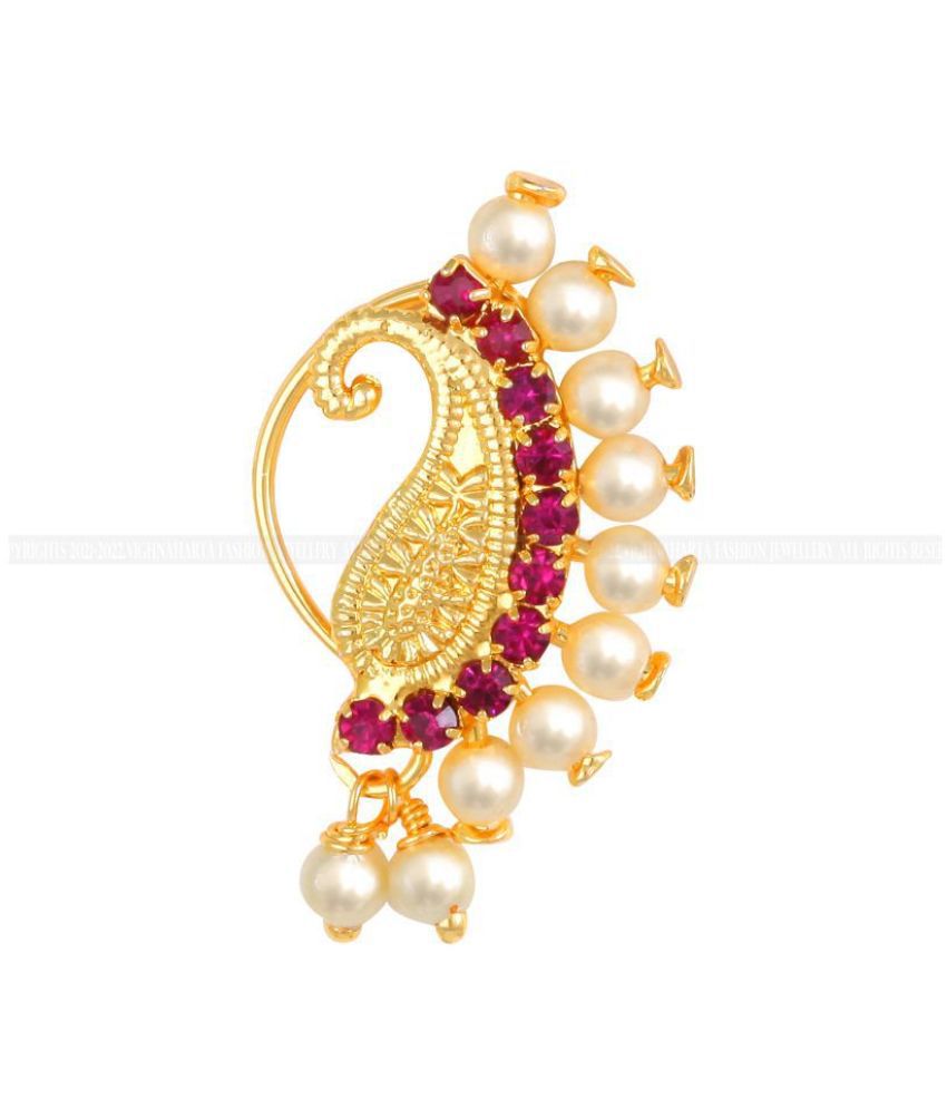     			Vighnaharta Gold Plated Mayur Design with Pearls and AD stone Alloy Maharashtrian Nath Nathiya./ Nose Pin for women VFJ1015NTH-Press