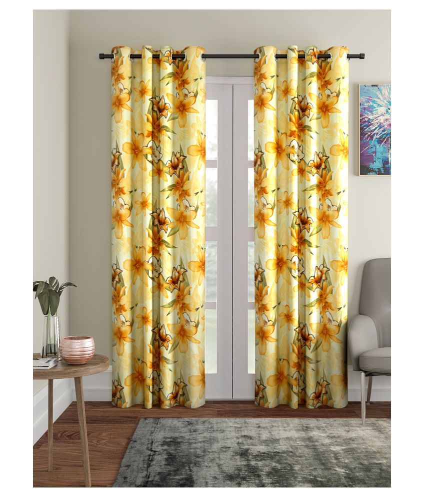     			Home Sizzler Set of 2 Door Semi-Transparent Eyelet Polyester Curtains Yellow