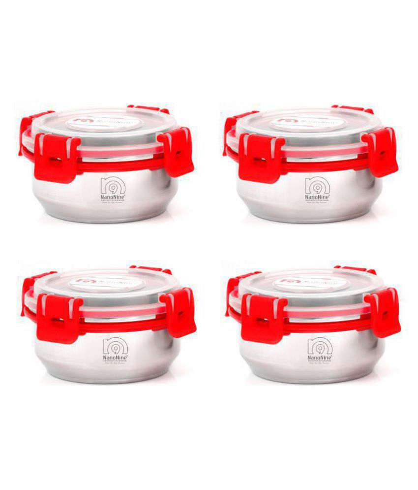     			Nanonine Uni-Qlip Stainless Steel Lunch Box Set With Detachable Clips, 260 Ml, Set Of 4, Red