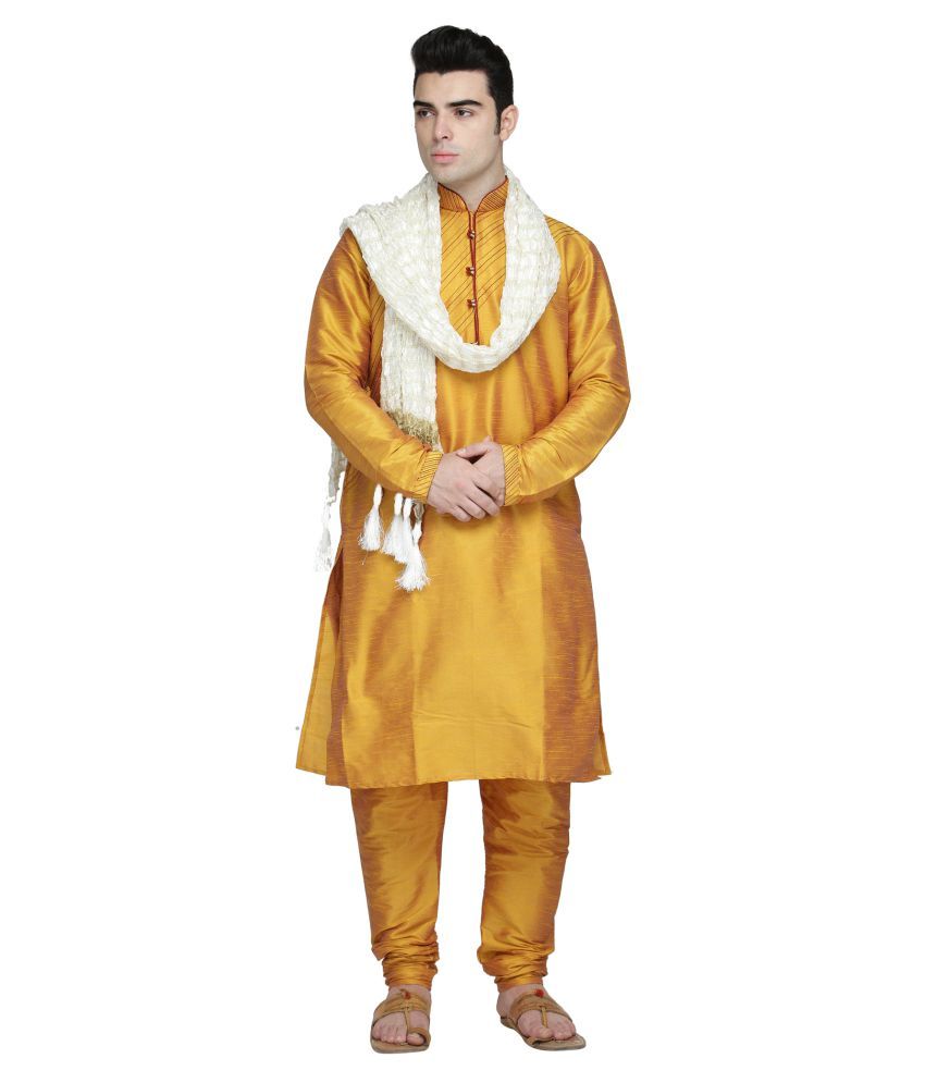     			SKAVIJ Gold Silk Blend Kurta Pyjama Set