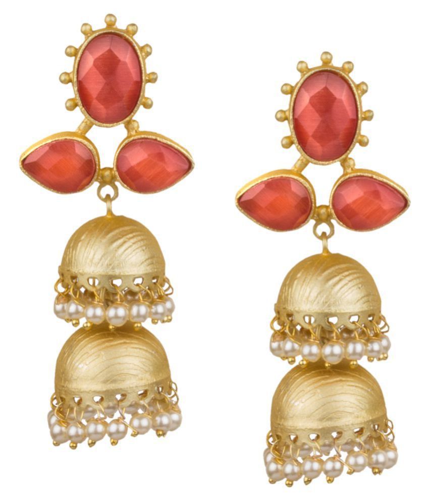     			Piah Fashion Gorgeous \nMatt Gold Two Layered Jhumkhi With Orange Beads Earring For Women & Girls \n