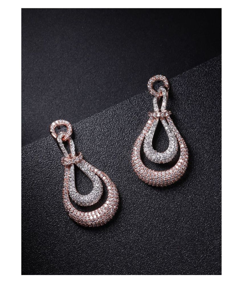     			Priyaasi Rose Gold-Plated American Diamond Pink  and White Drop Earrings for Women and Girls