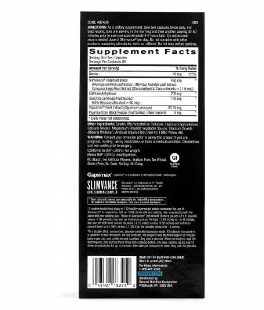 GNC BodyDynamix Slimvance Core Slimming Complex Thermogenic 120 no.s