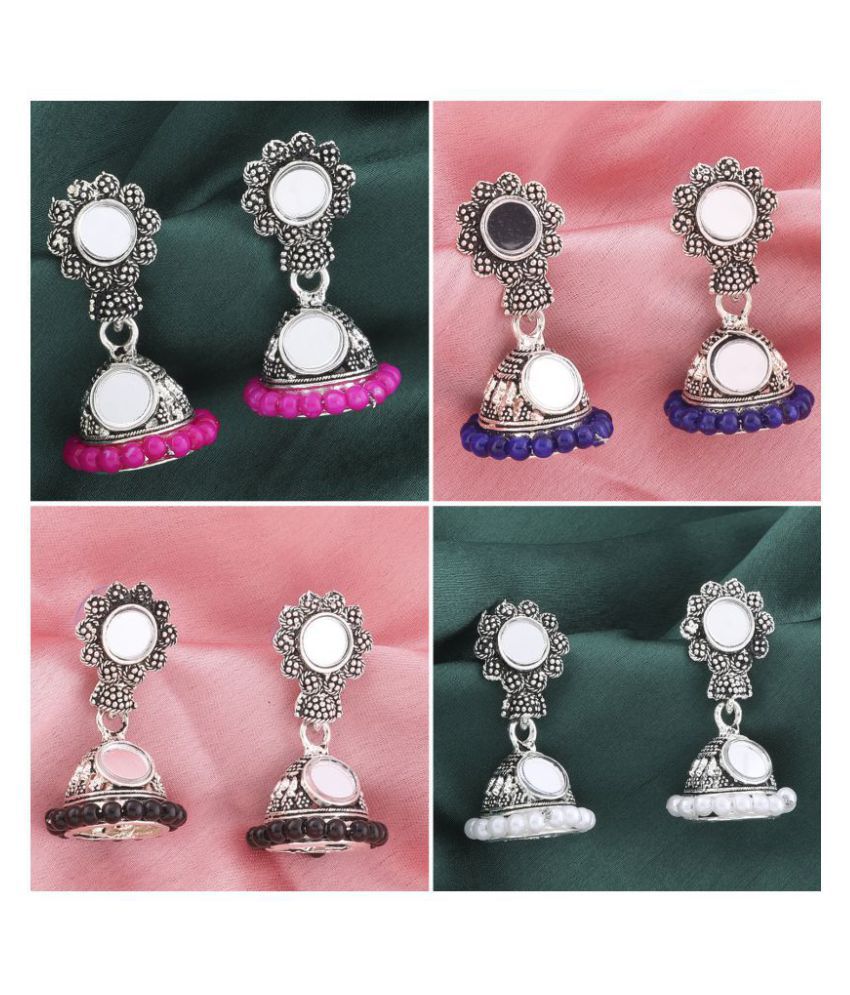     			Silver Shine Stunning Mirror with Beads Jhumki Earrings Combo Set pair of 4 For Girls and Women Jewellery