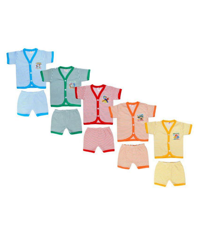     			Sathiyas Yellow, Orange, Red , Green and Blue Set of 5 Cotton Shirts and Shorts For 0-6 months Babies Pack of set of 5