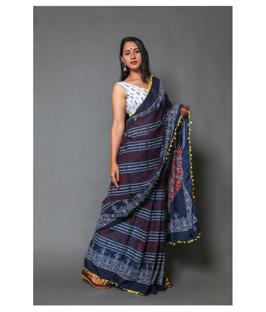 Shivanya Handicrafts Blue Cotton Blend Saree - Buy Shivanya Handicrafts Blue Cotton Blend Saree 
