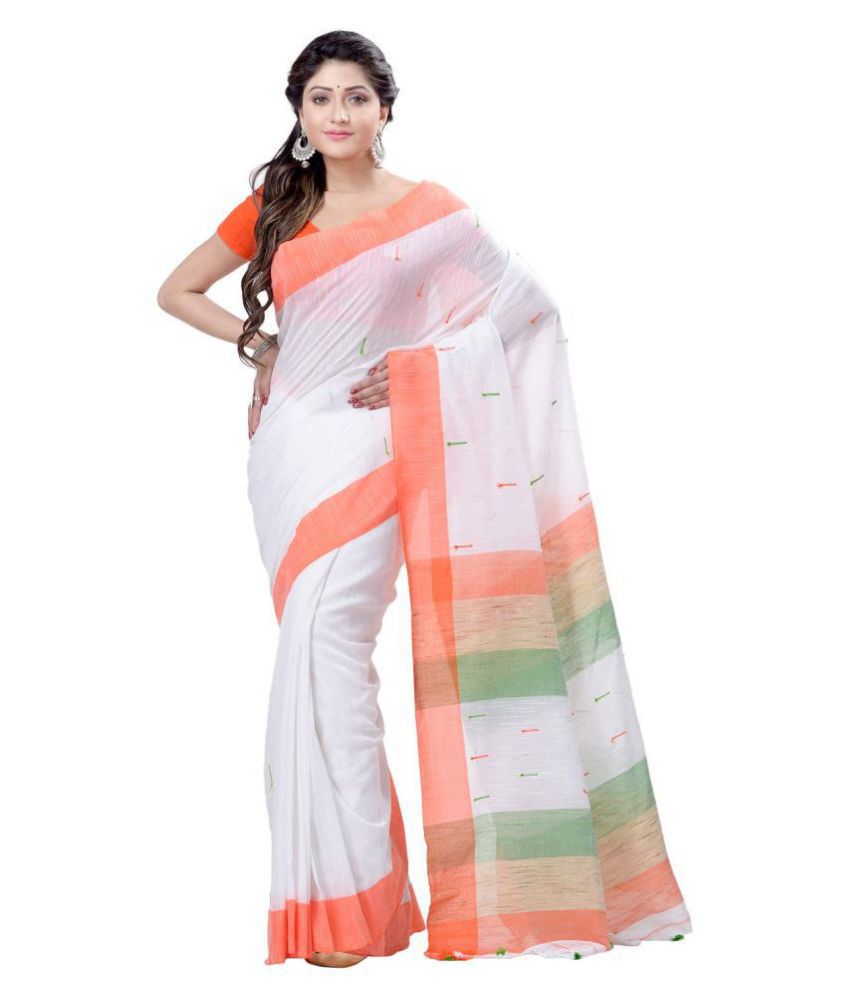 Desh Bidesh Green,Orange,White Bengal cotton Saree