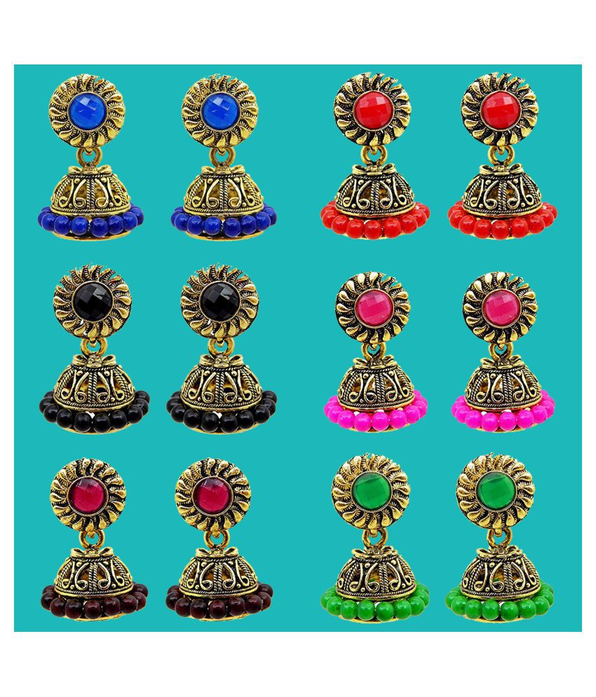 HAPPY STONING Golden Traditional Marriage Party Wear Jhumkis Combo for Ladies (Set of 6) - Womens Small Multicolor Jhumki Earrings Set for Wedding