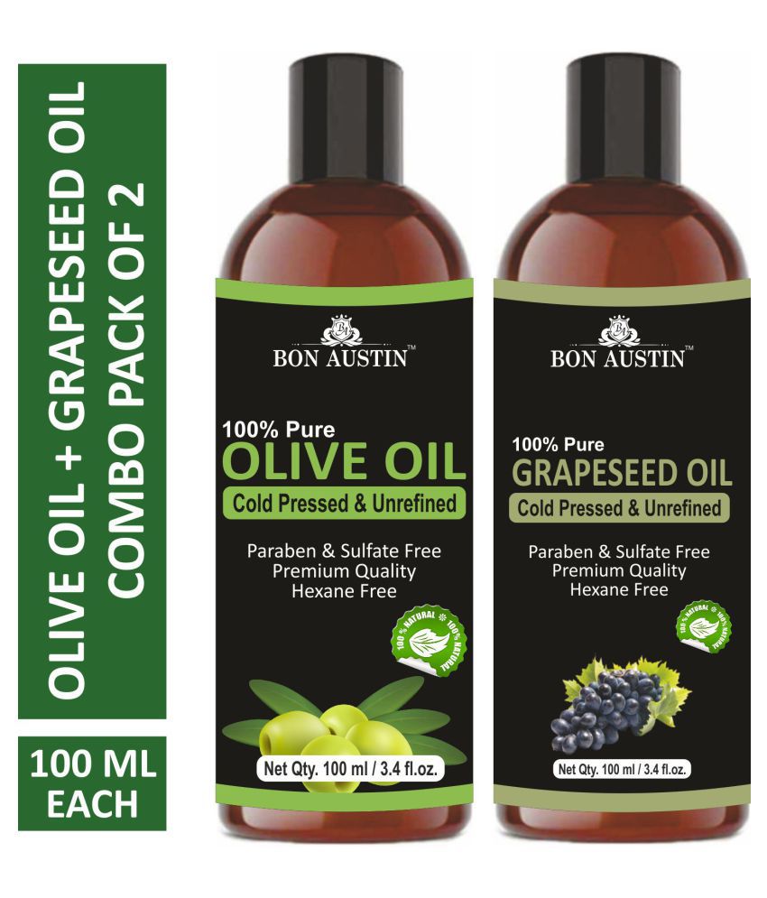 Bon Austin Premium Olive Oil & Grapeseed Oil - Cold Pressed & Unrefined Combo pack of 2 bottles of 100 ml(200 ml)