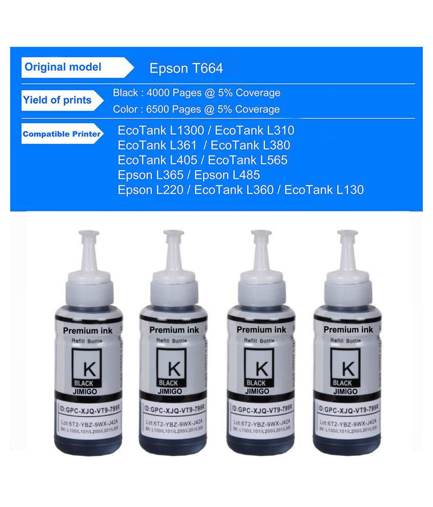 Jimigo Ink For Epson L1300 Black Pack Of 4 Ink Bottle For Refill Ink For Epson L130l210l220 1022