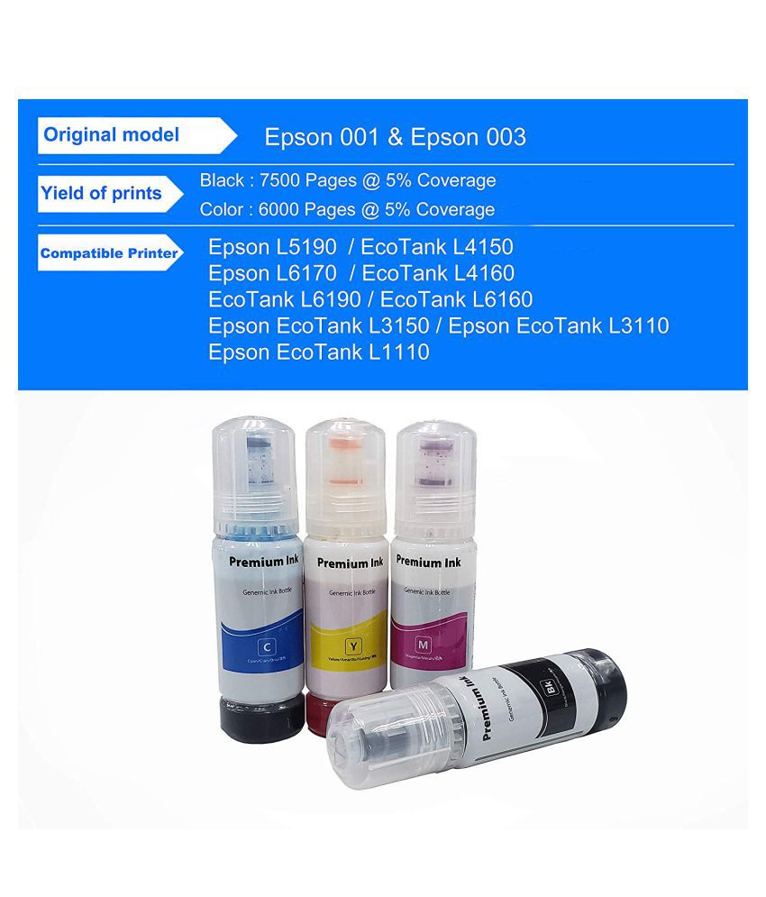 Jimigo Ink For Epson 001 Multicolor Pack Of 4 Ink Bottle For Refill Ink Epson L3110l3100l3101 2728