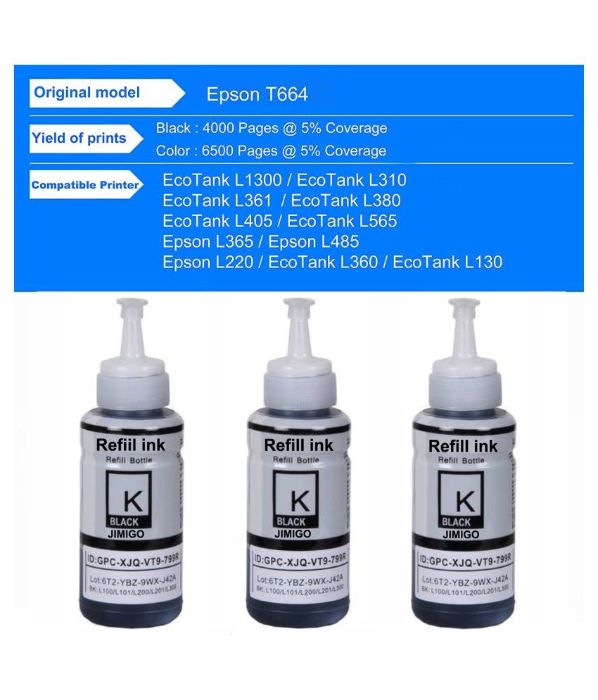 JIMIGO FOR EPSON L365 L380 Black Pack of 3 Ink bottle for Refill ink