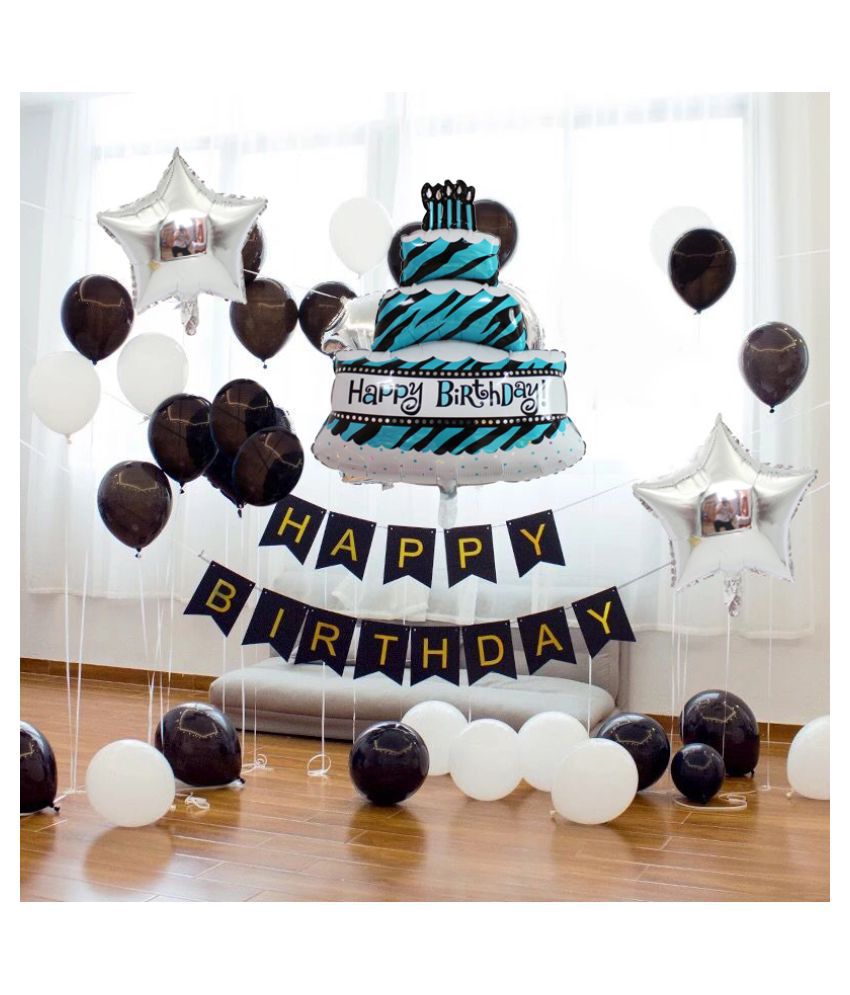    			Pixelfox Happy Birthday Black Banner+ Cake Foil+ 2 Star Foil( 18 Inchs )(Silver)+ 30 pcs Balloons (Black,White) for happy birthday decoration item, birthday decoration kit, birthday balloon decoration combo for Boys, Girls, Kids, husband and Wife.