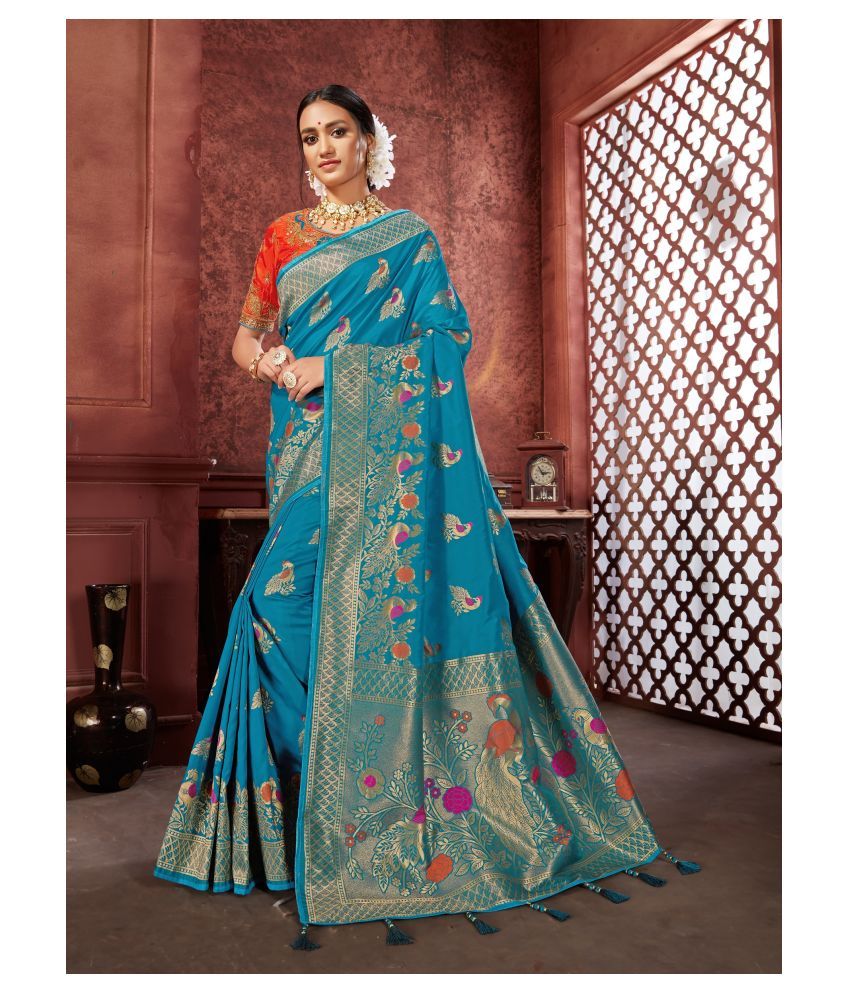 MANOHARI Blue Banarasi Silk Saree - Buy MANOHARI Blue Banarasi Silk Saree Online at Low Price 