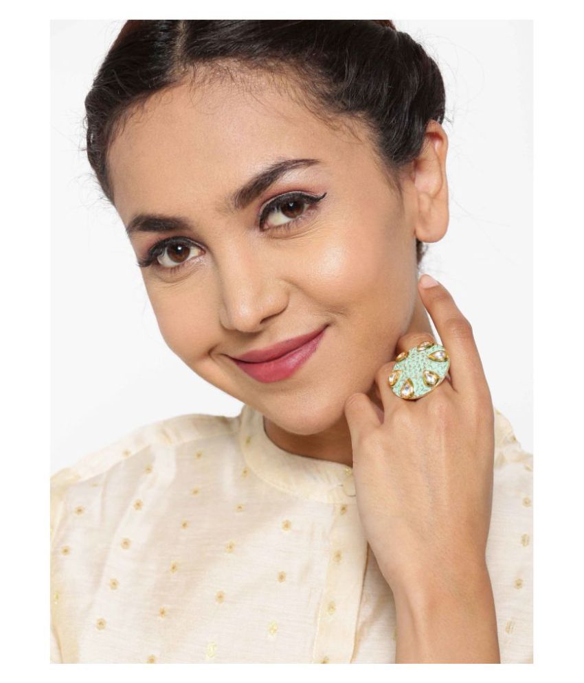     			Priyaasi Designer Gold Plated Kundan Studded Stylish Trendy Stylish Adjustable Mint Green Round Ring For Women And Girls