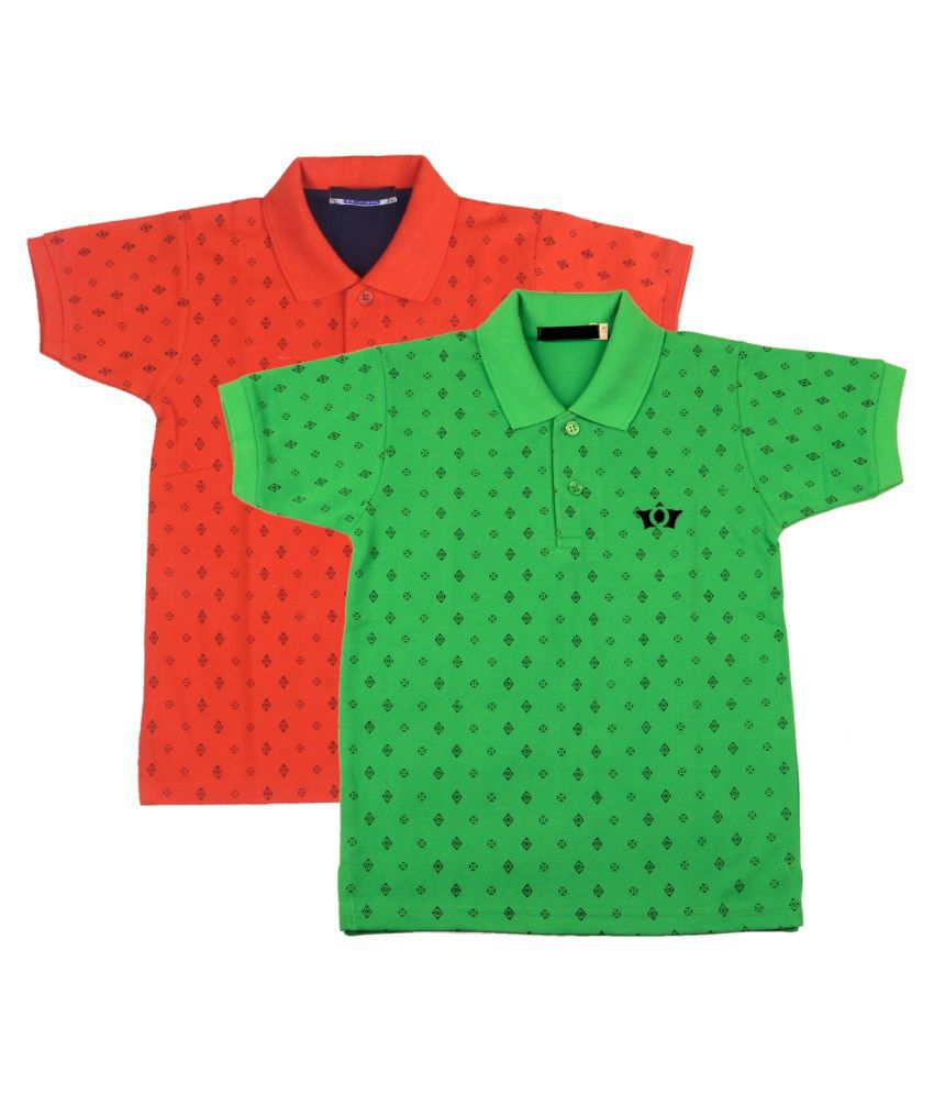 Neuvin Green & Orange Printed Cotton Polo TShirts for Boys Pack of 2