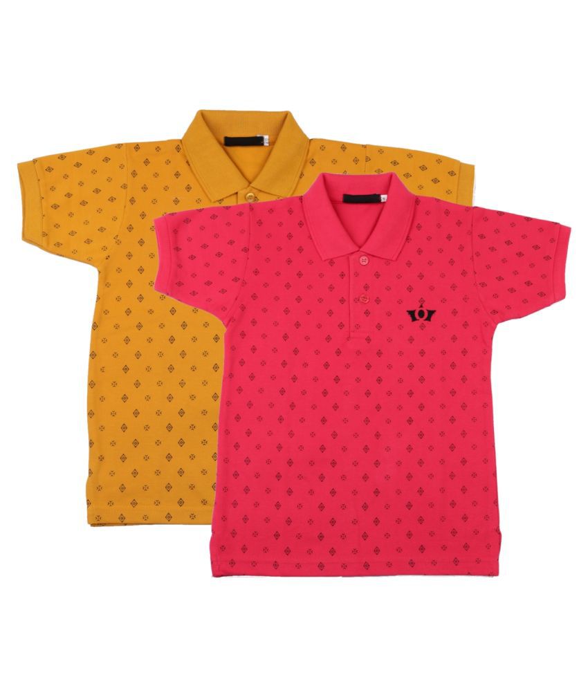Neuvin Printed Pink & Yellow Cotton Polo TShirts for Boys Pack of 2