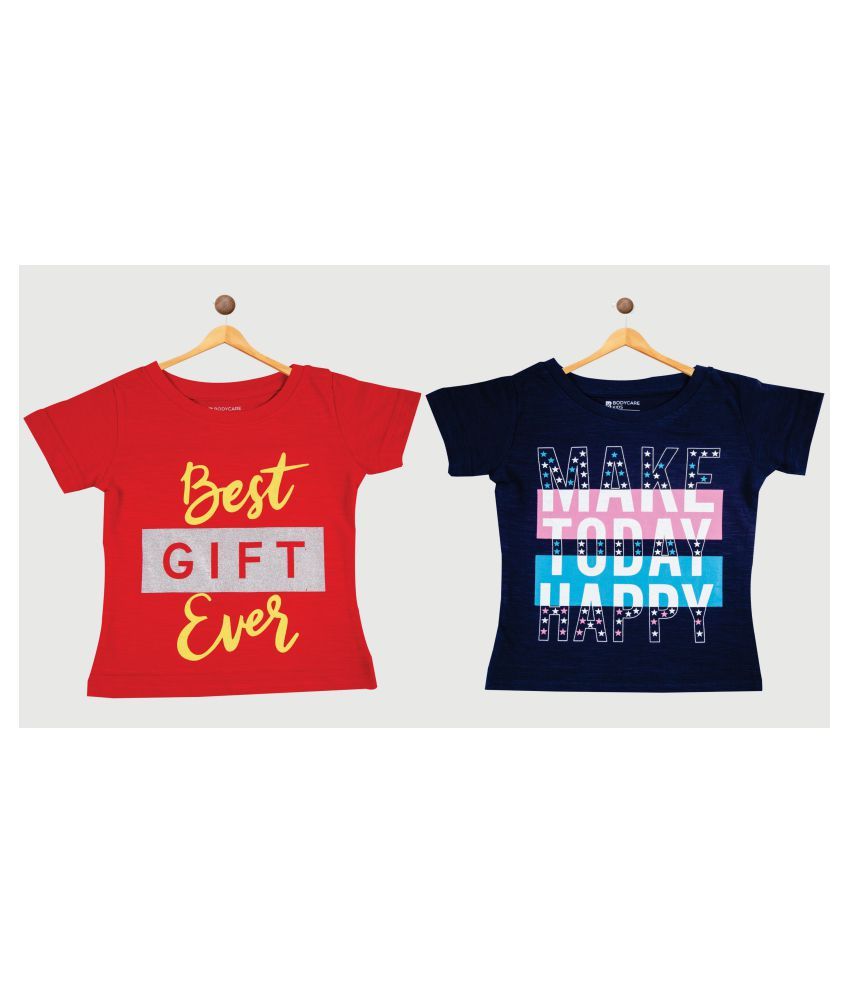     			Bodycare Kids Infantwear Girls Red & Navy Blue Printed Round Neck T-Shirt pack of 2