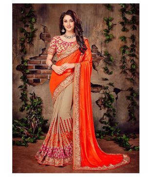 Onlinefayda Orange,Beige Georgette Saree