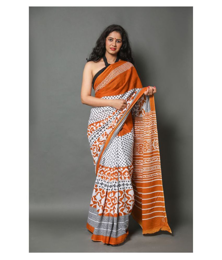 Shivanya Handicrafts Orange,White Cotton Blend Saree - Buy Shivanya Handicrafts Orange,White 