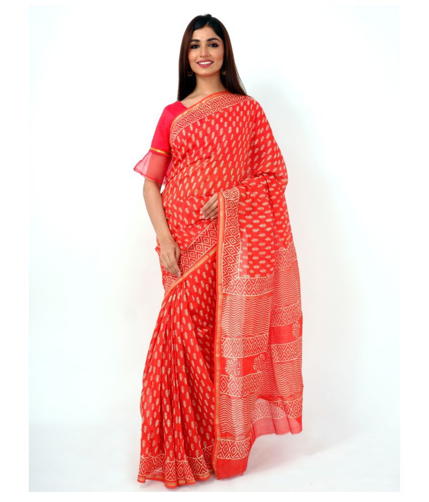 Shivanya Handicrafts Orange Chanderi Saree - Buy Shivanya Handicrafts Orange Chanderi Saree 