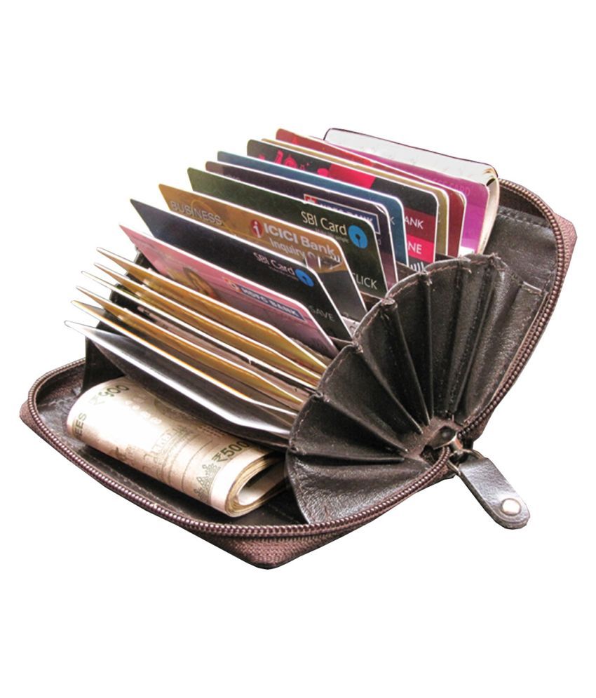 VEGAN Genuine Brown Leather Card HolderCredit Card Holder with Zip