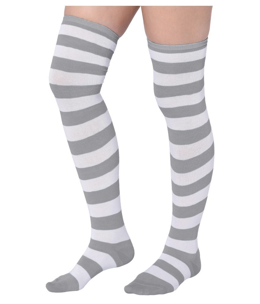 Xs and Os Women Thigh High Multicolor Stripe Socks (White Grey, Free ...