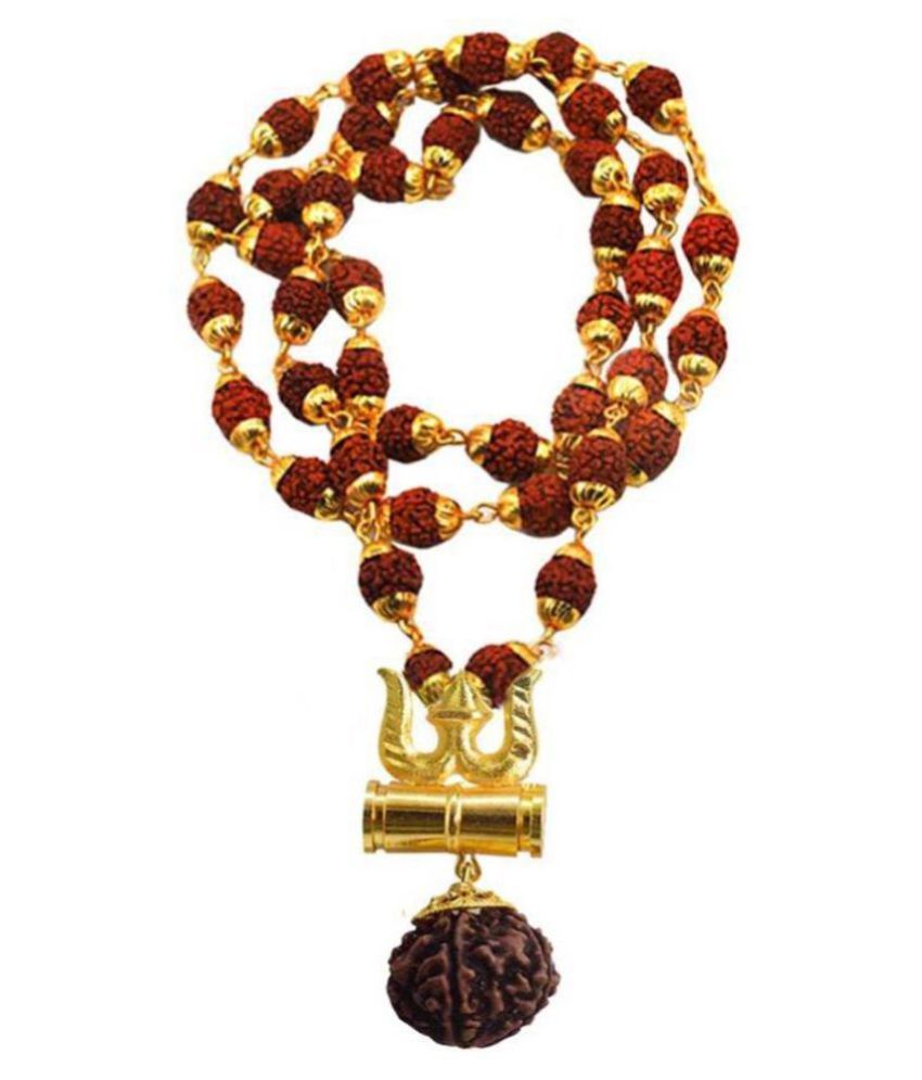     			Green Spiritual Lord Shiv Trishul Damru Locket With Puchmukhi Rudraksha Mala Gold-plated Brass, Wood