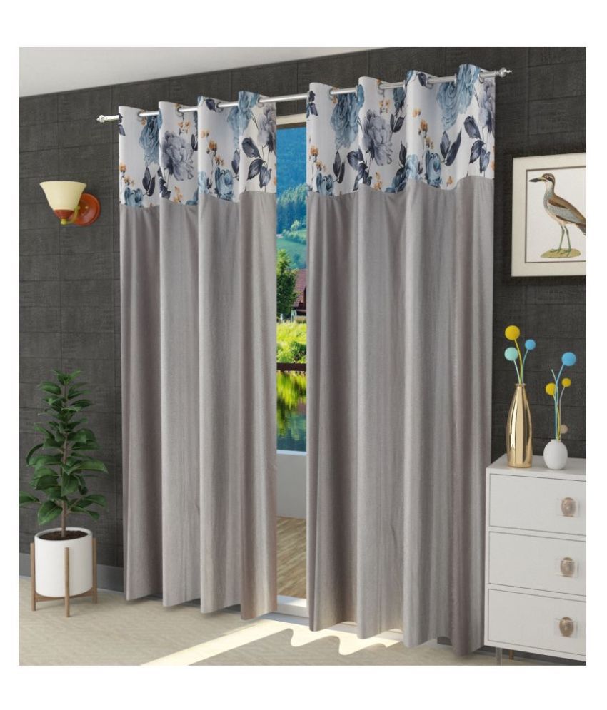     			Homefab India Floral Blackout Eyelet Door Curtain 7ft (Pack of 2) - Grey