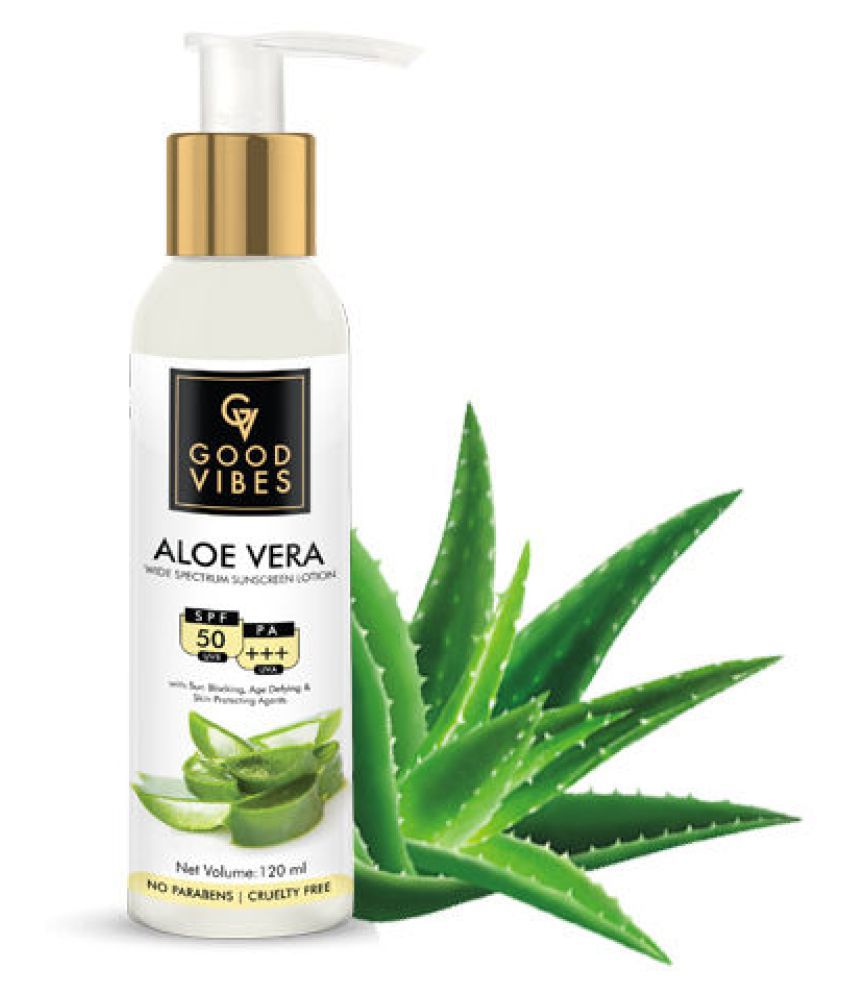 Good Vibes Aloe Vera Wide Spectrum Sunscreen Lotion with SPF 50 (120 ml):  Buy Good Vibes Aloe Vera Wide Spectrum Sunscreen Lotion with SPF 50 (120  ml) at Best Prices in India - Snapdeal