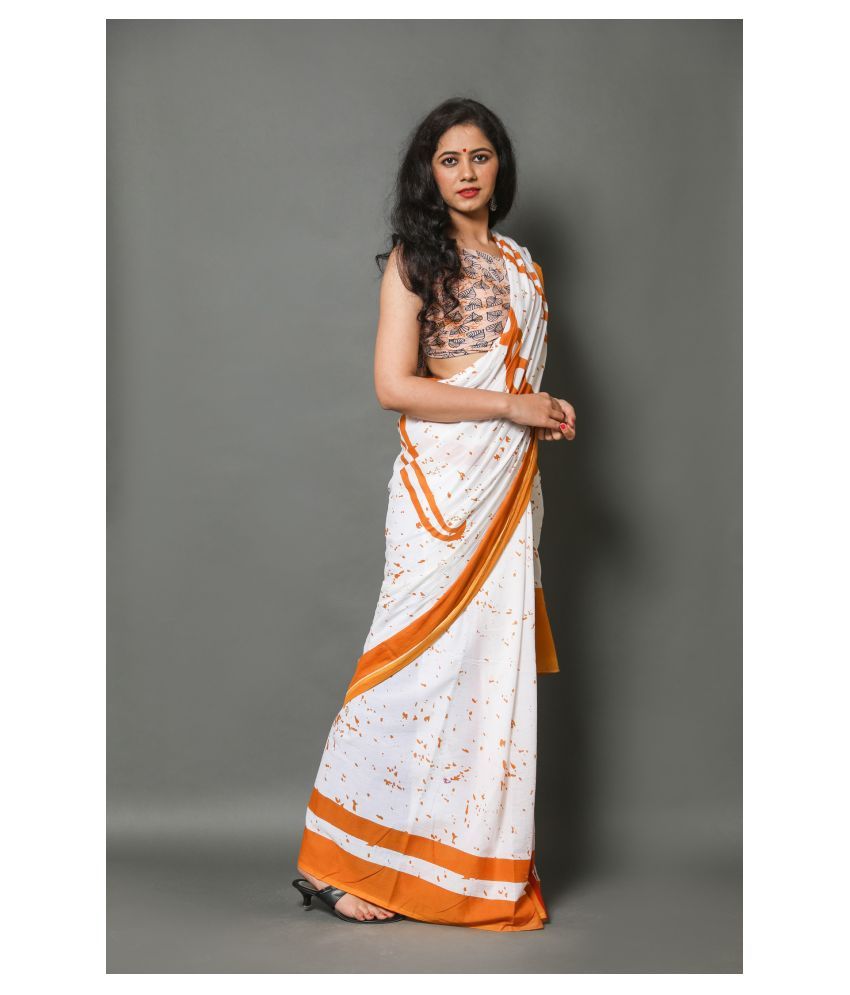 Shivanya Handicrafts White,Yellow Cotton Blend Saree - Buy Shivanya Handicrafts White,Yellow 