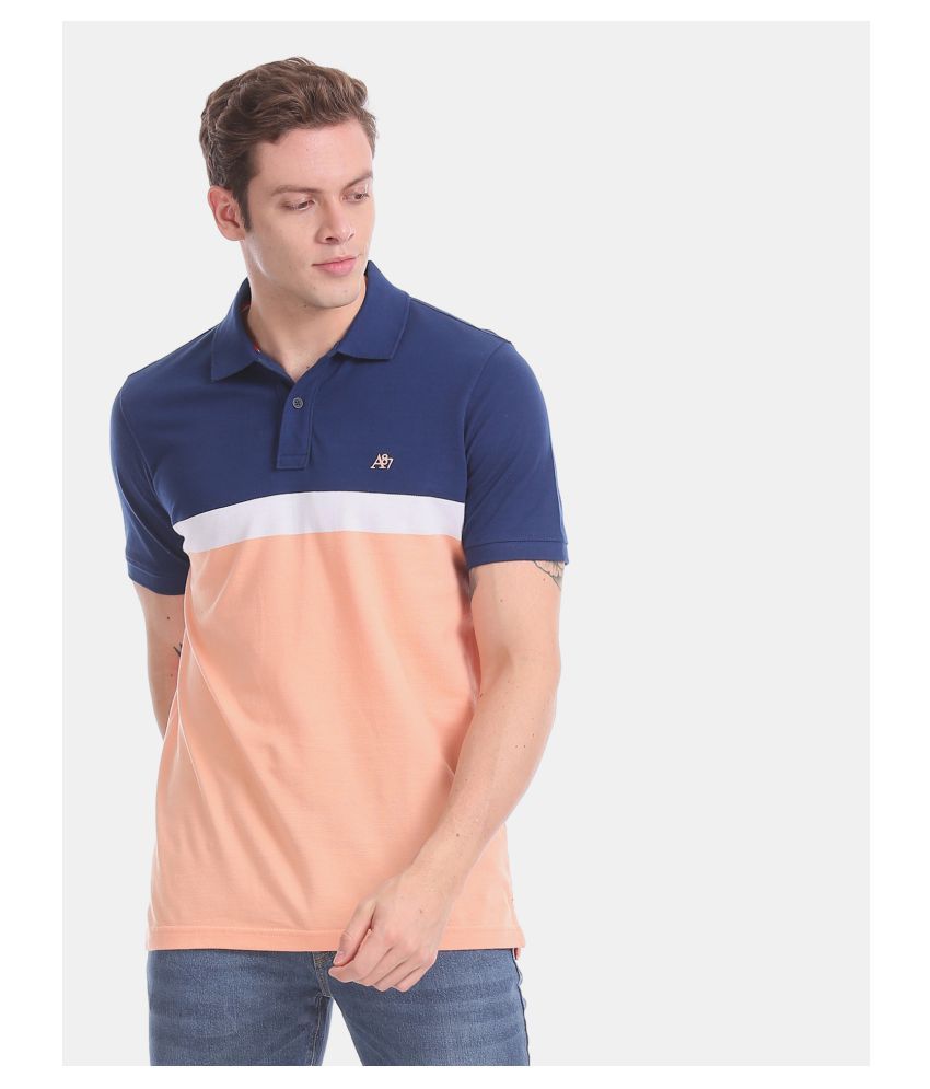Cotton Blue Color Block Polo T Shirt 