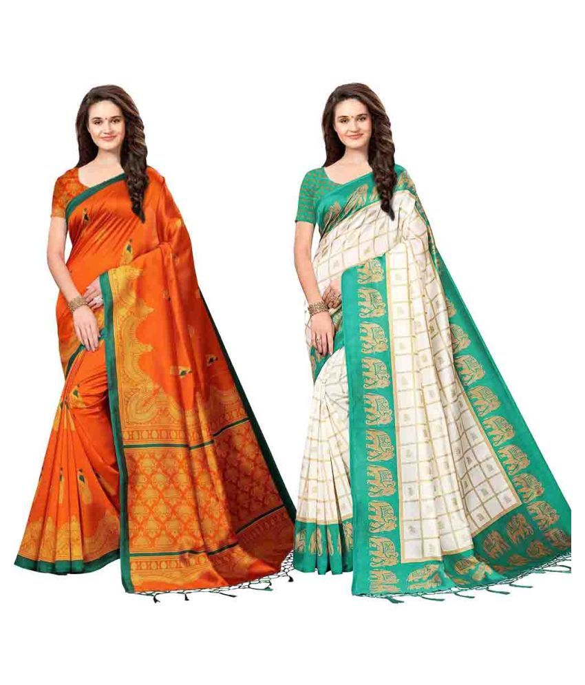 IKSHA Orange,White Art Silk Saree - Buy IKSHA Orange,White Art Silk ...