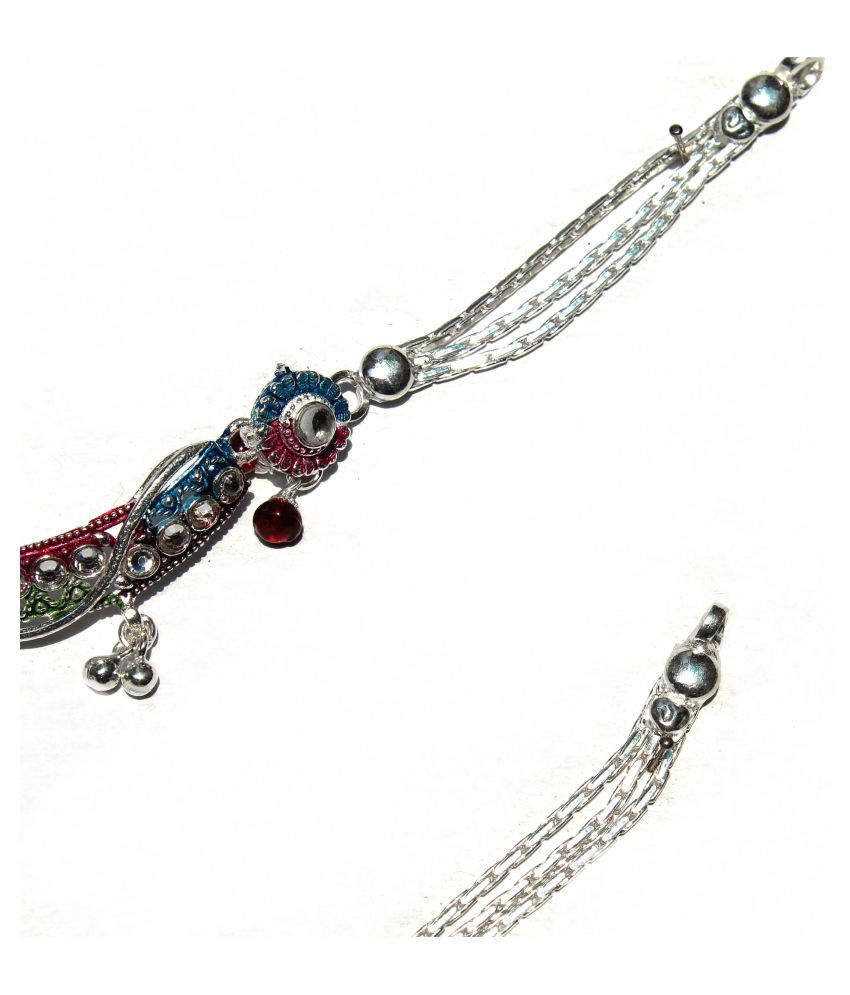 R K JEWELLERS Pure Silver Chain with Diamond Floral Design Payal or