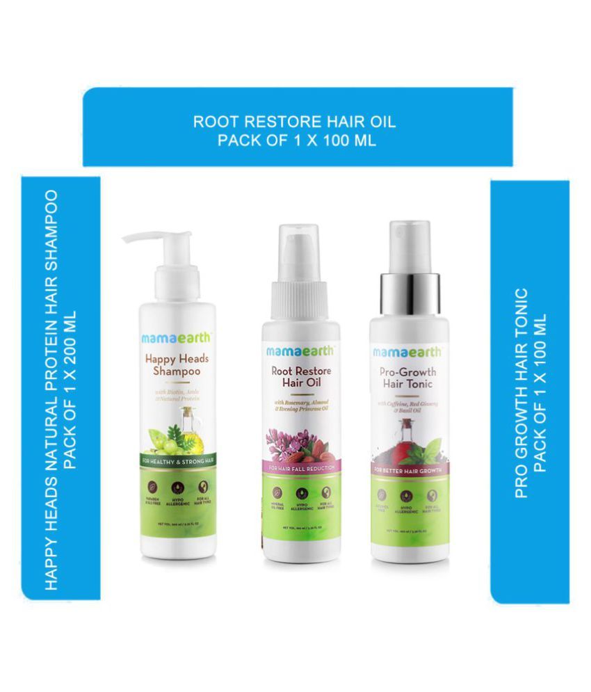 Mamaearth all natural everyday essenetial ,complete hair care & restore kit - Root Restore Hair Oil 100ml;Happy Heads Natural Protein Hair Shampoo 200ml;Pro growth hair tonic,100ml: Buy Mamaearth all natural everyday essenetial , Mamaearth all natural everyday essenetial ,complete hair care & restore kit - Root Restore Hair Oil 100ml;Happy Heads Natural Protein Hair Shampoo 200ml;Pro growth hair tonic,100ml: Buy Mamaearth all natural everyday essenetial ,