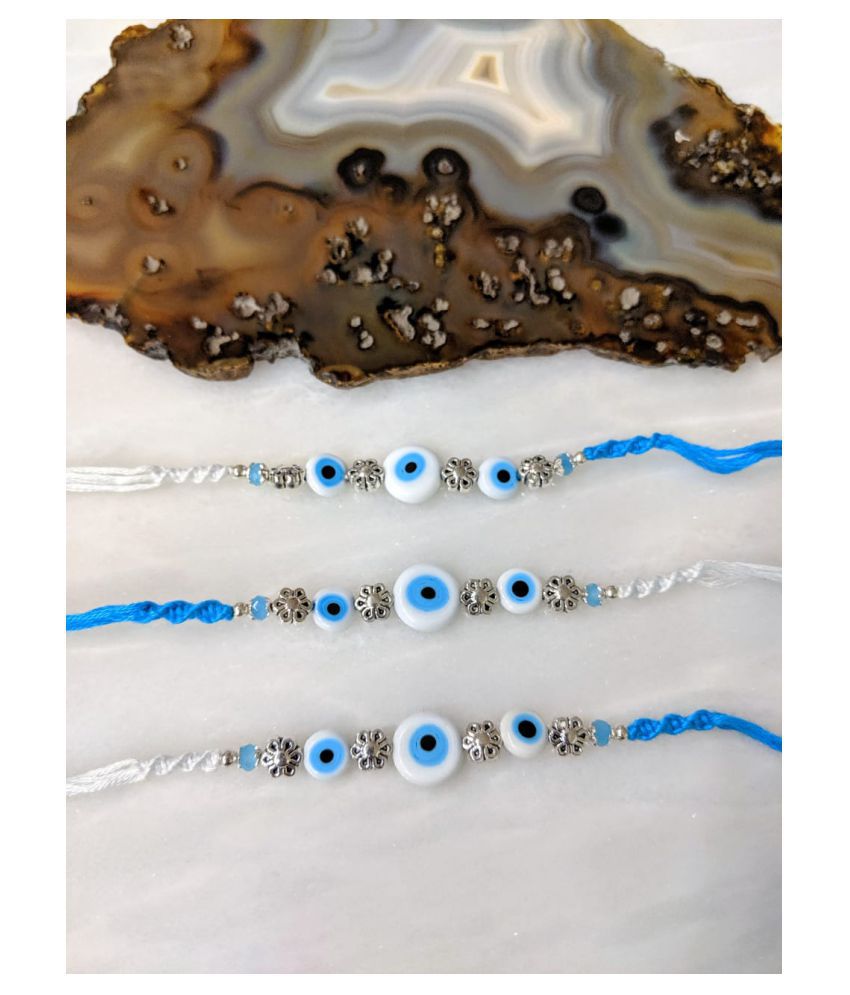     			Blue Evil Eye Rakhi Set For Men Silver Plated Flower Beads Multi-color Thread Designer Rakhi For Brother/ Bhaiya/ Bhabhi/ Bhai/ Bro (Pack of 3) Rakshabandan Mauli Rakhee Bracelet For Boys