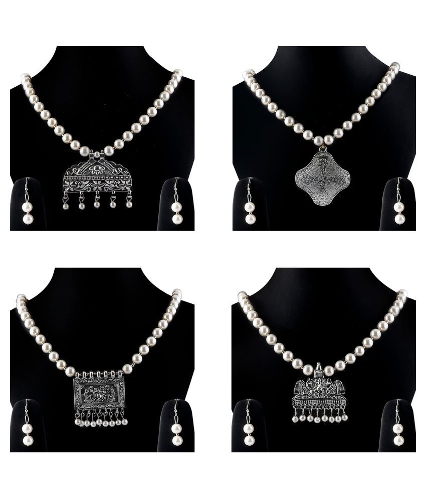     			SILVER SHINE Silver Plated Traditional Designer Pearl Set Combo For Women