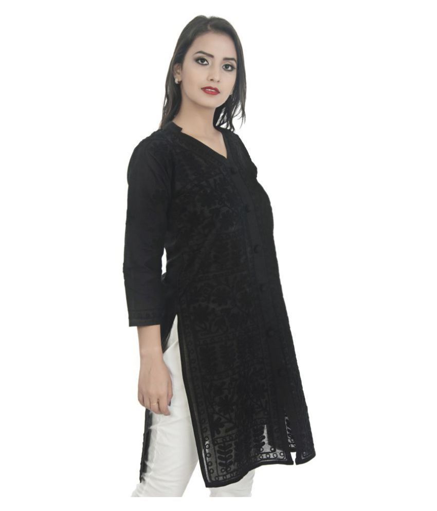 Anuna's Lucknowi Chikan Black Cotton Straight Kurti - Buy Anuna's ...