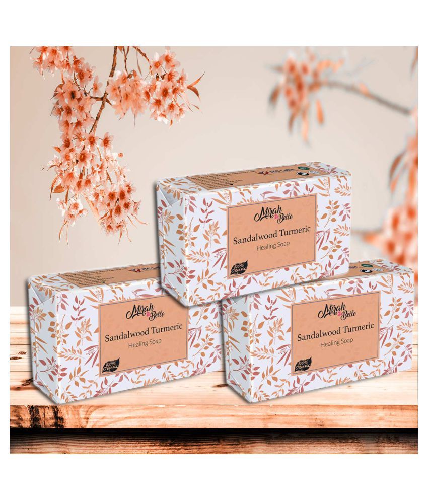     			Mirah Belle - Organic Sandalwood Turmeric Healing Soap 125gm (Pack of 3) - For Acne,Breakouts,Pimples & Blemishes, Handmade Soap 375gm