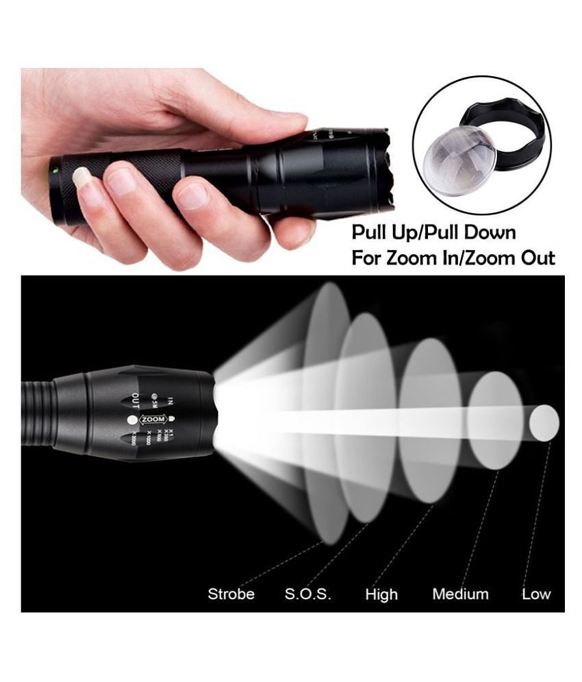 Q Small Sun 500 Meter Zoomable Waterproof Chargeable LED 5 Mode Full Metal Body - 12W Rechargeable Flashlight Torch (Pack of 1)