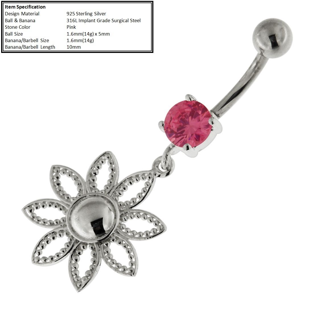 Navel Piercing or Belly Ring Steel Banana with 925 Sterling Silver Dangling Design