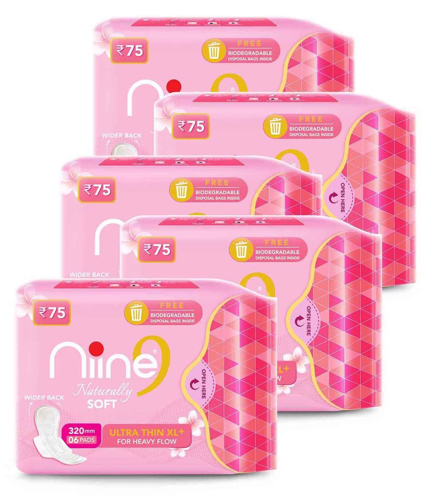     			Niine Naturally Soft Ultra Thin XL+ Sanitary Napkins for Heavy Flow (Pack of 5) 30 Pads with Free Biodegradable Disposal Bags